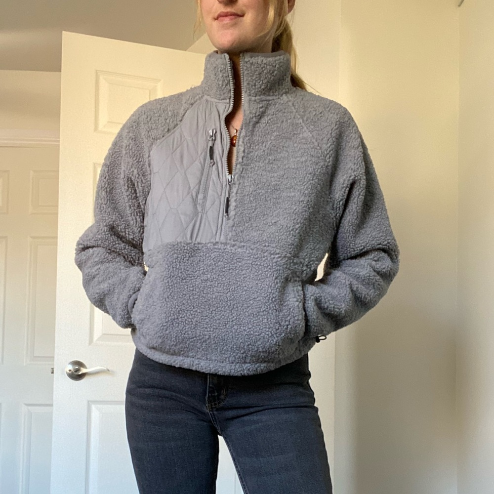JoyLab Grey Half Zip Teddy Jacket with Quilted Pocket